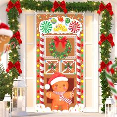 a gingerbread house decorated for christmas with candy canes and decorations on the front door