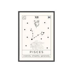 the zodiac sign pisces is shown in black and white with stars on it