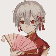 an anime character with grey hair and red eyes holding a pink fan in her hand