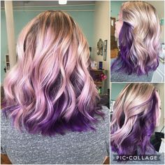 Purple Balayage Hair Blonde, Ash Blonde With Color Peekaboo, Colored Hair Tips Purple, Blond Hair With Highlights Short, Blonde With Peekaboo Color Purple, Balayage With Purple Peekaboo, Vivid Halo Hair, Light Purple Balayage Blondes, Blond Hair With Purple Underneath