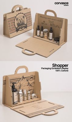 an open cardboard box with some bottles in it and the packaging inside is labeled'shopping essentials '