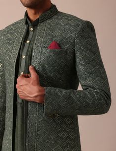 Luxury Festive Bandhgala With Notch Lapel, Fitted Green Embroidered Bandhgala, Green Indowestern Men, Green Semi-stitched Sherwani For Transitional Season, Handwork Indo Western For Men, Married Dress, House Design Kitchen, Fashion Mens, Smart Casual Outfit