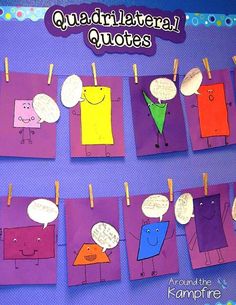 children's handmade paper cutouts with words and pictures on clothes pegs