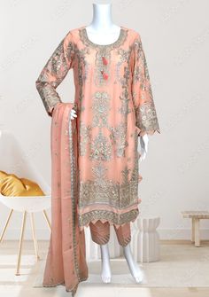 Asim Jofa Replica Embroidered Pakistani Chiffon dress. Semi Pure Chiffon Embroidered Front, Back, and Sleeves. Semi Pure Chiffon Embroidered Front and Back Borders. Raw Silk Trouser With Embroidery Work. Four Side Border Semi Pure Chiffon Heavy Embroidered Dupatta. Color: There might be slight color variation due to lighting and flashes while the photo shooting. The color may also vary because of different screen resolutions. Wash Care: Dry Clean Only. Note: This is a replica dress of the original branded dress. Hence, it will not be 100% the same as the 1st model picture. Please see the additional pictures of the replica dress for 100% accuracy. Please contact us if you have any questions. Pink Chiffon Dress With Intricate Embroidery, Eid Georgette Dress With Floral Embroidery, Summer Georgette Dress With Zari Work, Embroidered Chiffon Lawn Suit For Festive Occasions, Pink Embroidered Dress In Georgette, Embroidered Pink Georgette Dress, Spring Organza Dress With Zari Work, Spring Georgette Dress With Intricate Embroidery, Spring Dresses With Intricate Embroidery In Georgette