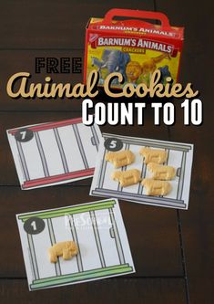 three animal cookies are on top of each other in front of an open box with the words, free printable animals cookies count to 10