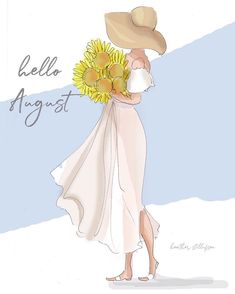 a drawing of a woman in a white dress and sunflowers on her hat