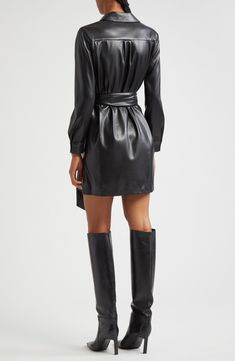 Embark on a workday adventure in this chic faux-leather shirtdress designed with a shift silhouette and removable waist belt. 31" length (size XS) Front button closure Spread collar Long sleeves with button cuffs Removable tie belt Unlined 100% polyurethane Dry clean Imported Faux Leather Dress Outfit, Black Leather Dress Outfit, Leather Dress Outfit, Black Leather Dress, Black Leather Dresses, Faux Leather Dress, Fabric Gift Bags, Dress Outfit, Nordstrom Store