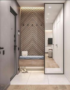 the interior of a modern bathroom with wood paneling