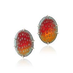 Enamel Earrings - Colorful and captivating, these statement studs will brighten up any outfit and any mood. Dry enamel is sifted onto copper in various layers, and then scratched and torch-fired. Handmade oxidized sterling silver settings and posts.<br><br>.62L by .5W<br>Silver posts and butterfly ear backs.<br><br>Available in three bright gradients.<br><br>Please note: each piece is made by hand and colors and patterns may vary ever so slightly. Unique Silver Enamel Earrings, Red Pierced Enamel Earrings, Artsy Enamel Drop Earrings, Artisan Enamel Drop Earrings, Unique Red Enamel Earrings, Torch Fired Enamel Jewelry, Vitreous Enamel, Silver Frames, Colorful Jewelry