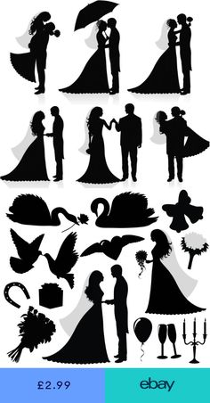 the silhouettes of people in wedding dresses and veils, each holding an umbrella