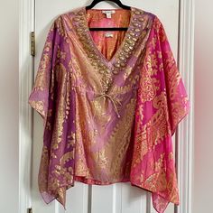 Stunning Nwot Vintage Medium Kimono Top From Boston Proper. Features Sweet Bead Work, Gold Thread, Ombr Pink And Purple Material, Gold Rope Under Bust, Attached Extra Flourishes, Fun Paisley And Floral Print. Measures About 29” In Length And About 19.5” Pit To Pit. From Smoke Free Dog Friendly Home. Purple Bohemian Festive Kaftan, Purple Bohemian Kaftan For Festive Occasions, Bohemian Purple Kaftan For Festive Occasions, Purple Silk Kaftan For Summer, Silk Purple Kaftan For Spring, Festive Silk Purple Kaftan, Festive Purple Silk Kaftan, Pink Bohemian Top For Festive Occasions, Bohemian Pink Top For Festive Occasions