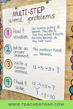 a multi - step word problem is shown on a piece of paper with the words