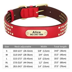 a red leather dog collar with metal studs on the front and sides, size guide