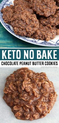 chocolate peanut butter cookies on a plate with the words keto no bake