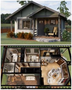 two pictures show the inside and outside of a small house with an open floor plan