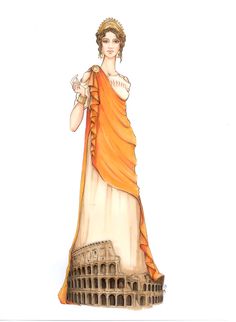 a drawing of a woman in an orange dress standing next to the colossion