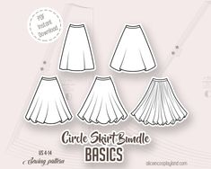 the circle skirt sewing pattern is shown in three different sizes and colors, including white