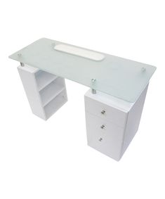 a white desk with two drawers and a glass top