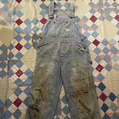 Midcentury Big Mac Hickory Stripe Overalls With Original Repairs And Cool Paint Splatters Throughout. One Of A Kind And Very Rugged. Very Farmer Chic And Original Workwear. Lots Of Wear And Some Rips In Patches. See All Photos, These Are As Is. Shoulder Straps Are Adjustable And Bib Length Can Be Increased Or Decreased. Beautiful Quality, Made In Usa With Union Labels! Condition: Good Vintage Condition, Strong And Wearable But Obvious Flaws. These Have Had Patches Put On The Knees And There Are Vintage Denim Overalls, 1930s Workwear, Farmer Chic, Hickory Stripe Overalls, Farmer Overalls, Bic Mac, Stain On Clothes, Grass Stains, Paint Splatters