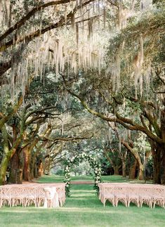 an outdoor ceremony setup with tables and chairs under the trees