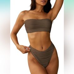 Nwt- Color: Deep Coffee Swimwear Type: Bandeau Bikini. Material: Polyester,Spandex. Two Piece Bikini: Padded Bra, Strapless, Good Elasticity, Lace Up Design, Gathering,Cheeky Bikini. Bikini Style, Bandeau Swimsuit, Strapless Bandeau, Padded Bra, Cheeky Bikinis, Bandeau Top, High Cut, Womens Swim, Polyester Spandex