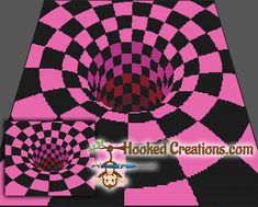 a pink and black checkered design with a monkey on it's head in the center