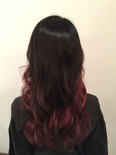 Black Hair Fading Into Red, Black Hair Dyed Red, Dark Red Hair Balayage, Cherry Red Balayage Hair, Red Hair Ends, Brown Hair With Red, Red Hair Tips, Red Balayage Hair, Black Red Hair