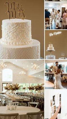 a collage of photos with wedding cake, bride and groom in the reception room