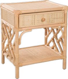 an end table made out of wicker and wood with one drawer on each side