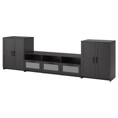 an entertainment center with cabinets and drawers on each side, in dark grey finish to match the color of the wall