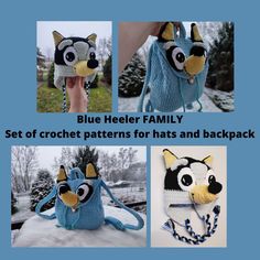 four pictures of blue heeler family crochet patterns for hats and backpacks