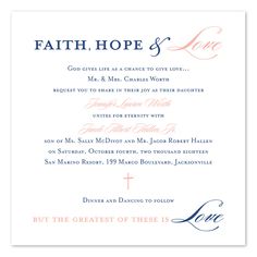 a wedding card with the words faith hope and love