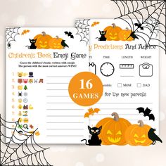 children's book emoji game with pumpkins, bats and spider web