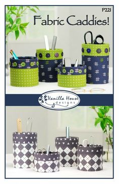 four different images of fabric caddies with scissors and pencils in them, one is blue and the other is green