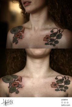 two pictures of a woman with flowers on her chest and shoulder, both showing the same tattoo