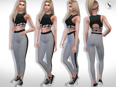 three different poses of a woman in grey and black sports bra top, leggings, and sneakers