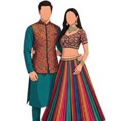 a man and woman standing next to each other wearing colorful clothes with different patterns on them