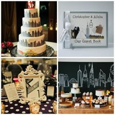 a collage of cakes and desserts on display at a wedding or other event