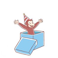 a monkey in a blue box with a party hat on his head and arms out