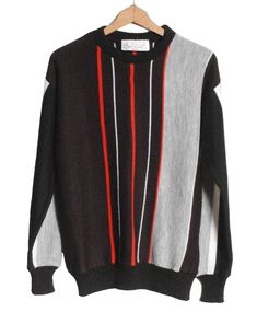 Vintage striped mid jumper. Black, grey and red in colour. Made in the UK from a acrylic fabric. Label reads M. Condition: Small repair on front below the collar. Chest: 38in Length: 25in  Inside sleeve: 21in More vintage clothing on our website www.brickvintage.com Winter Multicolor Striped Sweater, Winter Red Tops With Contrast Stripes, Red Tops With Contrast Stripes For Winter, Retro Striped Color Block Sweater, Retro Striped Crew Neck Sweater, Vintage Striped Crew Neck Sweater, Mens Pullover, Pullover Outfit, Acrylic Fabric