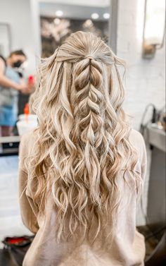 Prom Hair Styles With Extensions, Half Up Braided Hairstyles Prom, Prom Half Uo Half Down, Prom Hairstyles Half Up Half Down Fishtail Braid, Braided Hairstyles For Prom Half Up, Long Hair Prom Styles Half Up, Prom Hair Down Styles, Prom Hair Thick Hair, East Prom Hair