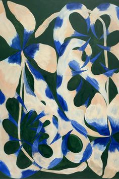 a painting with blue and white flowers on it