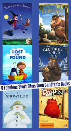 four children's books with the title, 6 fabulous short films from children's books