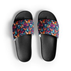 **PLEASE NOTE - for an extra-wide foot, it is recommended to order UP half a size. **PLEASE NOTE - it takes 14-21 days for these shoes to arrive, due to complexities of printing and fabric shortage. ### All-Over-Print Slide Sandals: Stylish Comfort for Every Occasion Elevate your summer wardrobe with our All-Over-Print Slide Sandals, offering over 300 unique, vibrant designs to choose from. Perfect for lounging, poolside fun, beach days, or adding a stylish touch to any outfit. These slides are Comfortable Multicolor Slide Sandals, Comfortable Multicolor Slides For Vacation, Black Open Toe Sandals For Poolside, Multicolor Slide Sandals For Beach, Black Summer Sandals For Poolside, Tropical Flat Sandals For Vacation, Multicolor Beach Slides Slip-on, Multicolor Slip-on Slides For Beach, Multicolor Slip-on Beach Slides