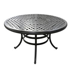 a round metal table with latticed design on the top and bottom, against a white background