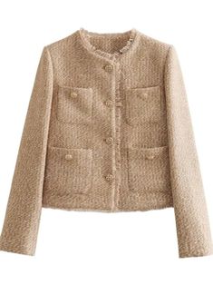 Beige crop top tweed jacket - Wapas Trendy Tweed Blazer With Pockets, Beige Tweed Long Sleeve Outerwear, Beige Long Sleeve Tweed Outerwear, Chic Long Sleeve Cropped Tweed Jacket, Chic Long Sleeve Tweed Cropped Jacket, Chic Wool Cropped Jacket For Fall, Winter Tweed Blazer With Buttoned Pockets, Chic Button-up Tweed Outerwear, Chic Tweed Button-up Outerwear