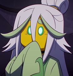 an animated character with white hair and green eyes