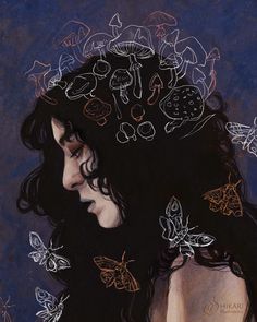 a painting of a woman's head with butterflies all over her hair and shoulders