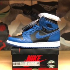 Jordan 1 High Dark Marina Blue Size 5y Grade School Brand New Original Box Jordans Dark Blue, Jordan 1 Mid Grey Blue, Dark Blue Air Jordans, Black And Blue Air Jordans, Blue Breathable High-top Jordan Shoes, Red Basketball Shoes, Jordan Boys, Shoes Jordan 1, Jordan Spizike