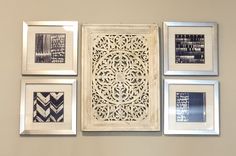 four framed pictures hang on the wall next to each other with different patterns and shapes